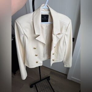 Bagatelle Faux Leather Cream Double-Breasted Cropped Blazer